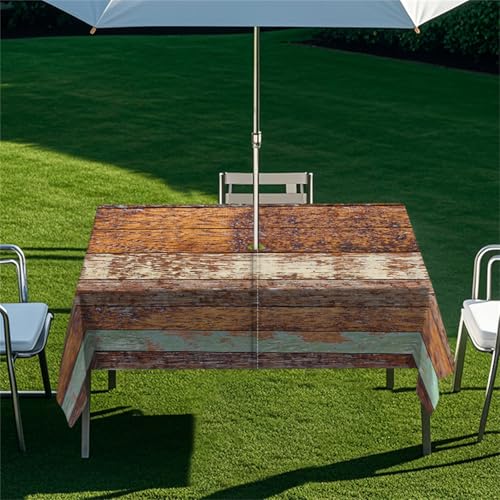 Highdi Tischdecke mit Loch in der Mitte, Abwaschbar Rechteckig Tischdecke mit Schirmloch Outdoor Tischdecke mit Reißverschluss Gartentischdecke für Sonnenschirm (Vintage Holz 4,259x152cm) von Highdi