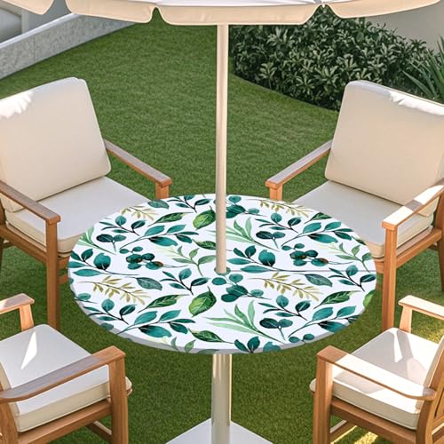Highdi Tischdecke mit Loch in der Mitte, Abwaschbar Rund Tischdecke mit Fleckenschutz Outdoor Tischdecke mit Gummizug Gartentischdecke für Küche und Picknick (Blatt 8,M) von Highdi