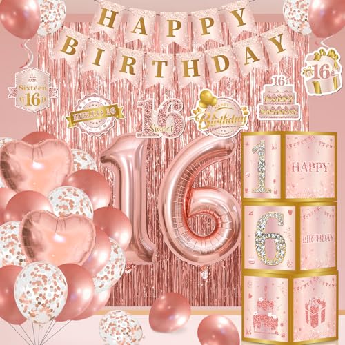 Sweet 16 Party Dekorationen, 16 Geburtstag Dekorationen für Mädchen, Sweet 16 Happy Birthday Banner Kits, Boxen, Rosa Rose Gold Folienballons Party Supplies, Rose Gold Quaste Vorhang für Sweet 16 Sweet 16 Party Dekorationen, 16 Geburtstag Dekorationen für Mädchen, Sweet 16 Happy Birthday Banner Kits, Boxen, Rosa Rose Gold Folienballons Party Supplies, Rose Gold Quaste Vorhang für Sweet 16 von HigzYovn