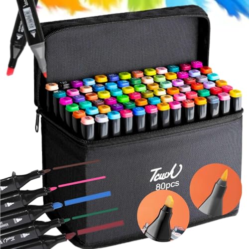 Hikey Filzstifte Marker Stifte Set, 80 Farben Meißel & Feine Verdoppelt Spitzt Alkohol Marker Set, 2 Sekunde Schnell Trocknende Kunst Sketch Graffiti Stifte Set für Zeichnung, Design, Manga von Hikey