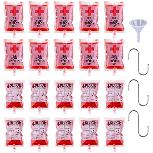 20 Stück Halloween Blutbeutel Zum Befüllen Blutbeutel für Getränke mit 2 Stück Trichter und 3 Stück S Haken,250ml Halloween Blutbeutel für Halloween Cosplay Zombie Party von Hileyu