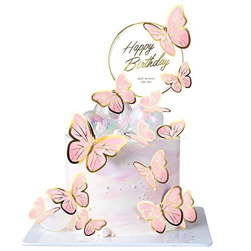 21 Stück Cake Topper Schmetterling Kuchen Deko mit Happy Birthday Kuchen Topper Schmetterlinge Tortendeko Geburtstag Kuchen Dekoration Mädchen für Geburtstag Hochzeit Babyparty Pink von Hileyu