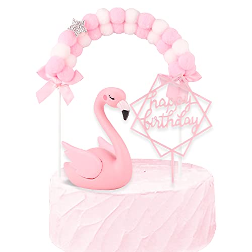 3 Stück Flamingo Happy Birthday Cake Toppers Dekoration Set Hairball Bogen Kuchen Topper Regenbogen tortendeko 3D-Flamingo-Geburtstagstorte-Dekoration für Hochzeit Geburtstagsfeier von Hileyu