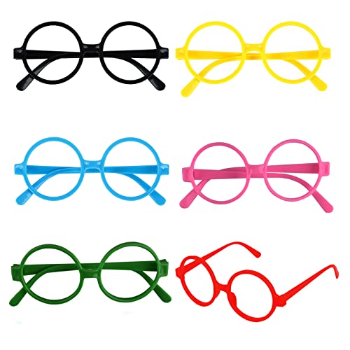 6 Stücke Bunte Zauberer Runde Brille Kunststoff Zauberer Gläser Gläser Rahmen Keine Objektive für Junge Mädchen Halloween Kostüm Party Supplies (6pcs) von Hileyu