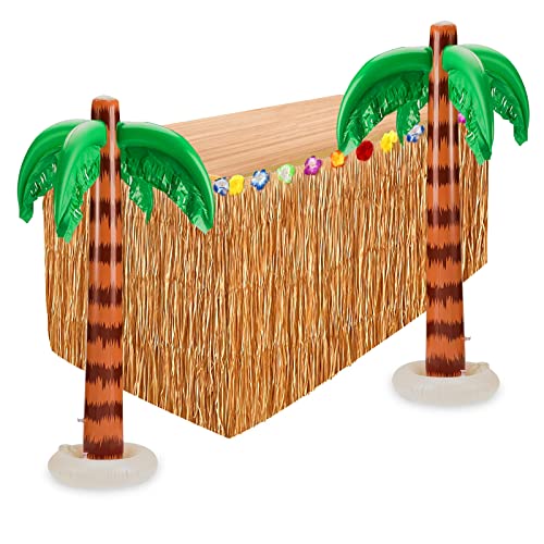 Hawaiian Luau Tisch Rock Set 3pcs Hawaiian Party Dekorationen 9.6ft Gras Tischdecken mit Hibiskus Blumen und aufblasbarem Palmenbaum für Sommer Pool Hawaiian Beach Party (Yellow) von Hileyu