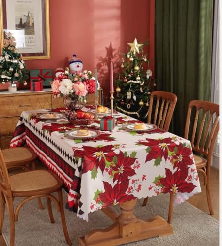 Hileyu Weihnachtstischdecken,150 x 220 cm Weihnachtsstern Rechteckige Tischdecke Tischdecken,Waschbare Stoff-Weihnachtstischdecke für Picknick,Hochzeit,Weihnachten,Geburtstagsfeiern Dekorationen von Hileyu