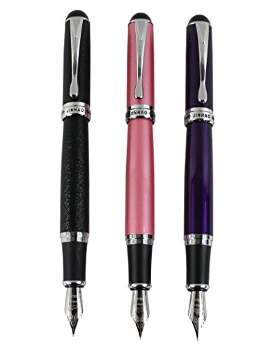 3 Stück jinhao X750 Füllfederhalter mittel 18KGP Nippe in 3 Farben (schwarz, lila, rosa) mit transparentem Stifttasche von Hillento