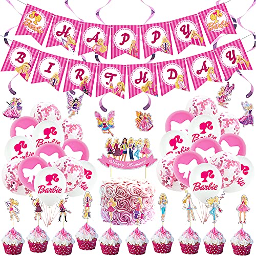 Hilloly 42 Pcs Geburtstagsdeko,Party Supplies Set,Happy Birthday Banner,Barbie Puppe Geburtstags Deko,Rosa Konfetti Luftballons,Cake Topper,Spiralanhänger Charm,Tischdeko Deko von Hilloly