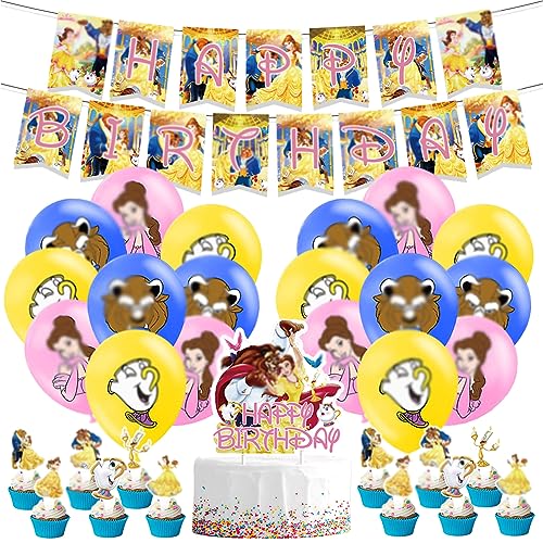 Hilloly Prinzessin Belle Luftballons 32 Pieces Die Schöne und das Biest Geburtstags Dekorationen,Prinzessin Geburtstagsfeier Dekorationen,Tortenaufleger, Geburtstags Banner,für Mädchen Geburtstags von Hilloly