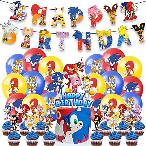 Hilloly Sonic Geburtstag deko, 32PCS Sonic Geburtstagsfeier Dekoration Set, Enthält Happy Birthday Banner, Luftballons, Kuchendekoration, Für Kinder Party Baby Shower Geburtstagsdekorationen von Hilloly