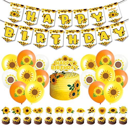 Sonnenblume Party Deko, Sonnenblumen Thema Luftballons Dekorations Zubehör mit Happy Birthday Banner Latexballons Kuchendekoration für Sommer Kinder Geburtstagsfeier Party von Hilloly