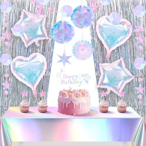 Hillsuren 13 Stück schillernde Party-Dekorationen mit holografischen Tischdecken, Luftballons, Stern, Mond, Girlanden, Luftschlangen, Wabenbälle, Papierfächer, Folien-Fransenvorhang für Disco von Hillsuren