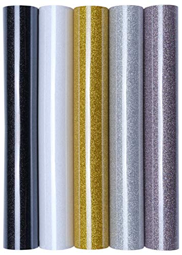 5er Set Glitter/Glitzer 20x30 cm Transferfolie/Textilfolie zum Aufbügeln auf Textilien - perfekt zum Plottern geeignet, Glitter 2:5er Set Eleganz von Hilltop