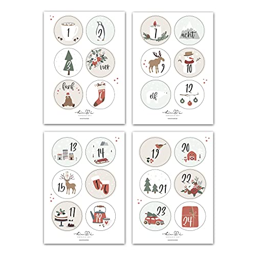 Him & I® - 24 Adventskalender Zahlen Sticker für Weihnachtskalender - Aufkleber für Adventskalender (rund/matt / 40mm) - Nummern für Papiertüten - perfekt für DIY Adventskalender basteln & befüllen von Him & I