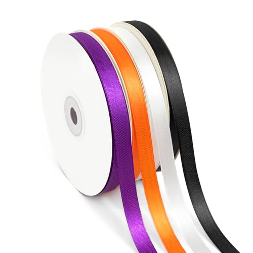 4 Rollen 200 Meter Halloween-Band, 0,9 cm Polyester-Satinband für Geschenkverpackungen, Halloween, Weihnachten und Geburtstagsparty, Dekoration, Handwerk, Blumenstrauß, Nähen (Orange, Schwarz, Weiß von HimBen