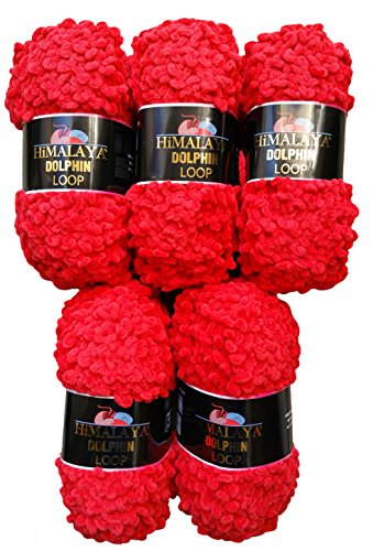 5 x 100g Loop Wolle rot 112-13 zum Stricken und Häkeln, 500 Gramm Loopwolle Super Bulky 6 von Himalaya Loop