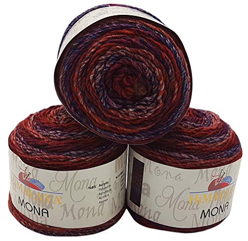 Himalaya Mona 3 x 100 Gramm Strickwolle mit Farbverlauf, 300 Gramm Wolle Mehrfarbig, Farbverlaufswolle (22104 Bordeaux lila Flieder) von Himalaya Mona