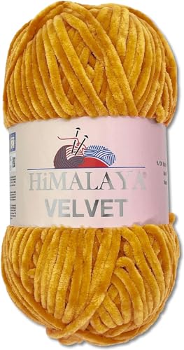 Himalaya 100 g Velvet Dolphin Wolle 40 Farben zur Auswahl Chenille Strickgarn Flauschgarn Glanz Accessoire Kleidung Decken (90030 Senf) von Himalaya Velvet