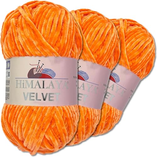 Himalaya Velvet 3 x 100 g Velvet Dolphin Wolle 40 Farben zur Auswahl Chenille Strickgarn Flauschwolle Glanz Accessoire Kleidung Decken (90016 Kürbis) von Himalaya Velvet