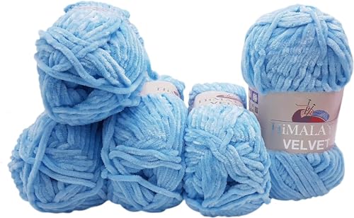 Himalaya Velvet 5 x 100 Gramm Micro-Polyester Strickwolle, Babywolle samtig 500 Gramm Wolle (Blau 90006) von Himalaya Velvet