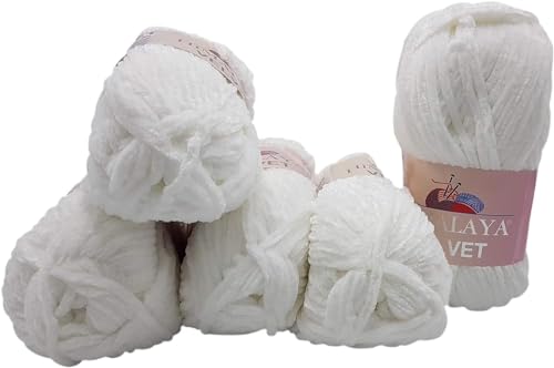 Himalaya Velvet 5 x 100 Gramm Micro-Polyester Strickwolle, Babywolle samtig 500 Gramm Wolle (Weiß 90001) von Himalaya Velvet