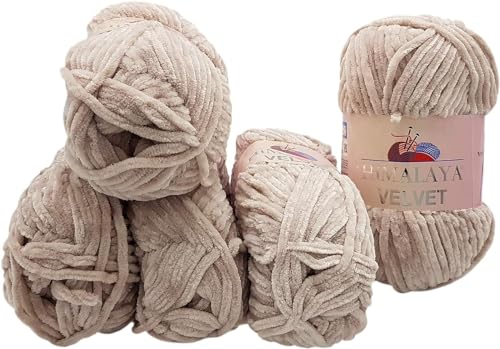 Himalaya Velvet 5 x 100 Gramm Micro-Polyester Strickwolle, Babywolle samtig 500 Gramm Wolle (beige 90042) von Himalaya Velvet