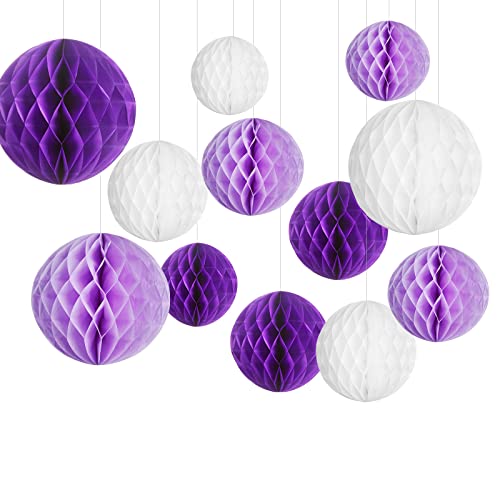 Himeland 12er Papier Wabenball Dekoration, Seidenpapier Wabenbälle Set, Lila Honeycomb Balls Deko für Geburtstag/Party/Baby Dusche/Hochzeit/Einschulung/Tischdeko von Himeland