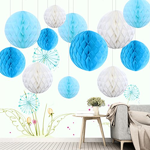 Himeland 12x Blau Wabenball Set, Pompoms Honigwaben (Papier Kugel) Kit für Hochzeit/Baby Shower/Party/Geburtstag, als Tischdeko/Raumdeko/Wohnungdeko von Himeland