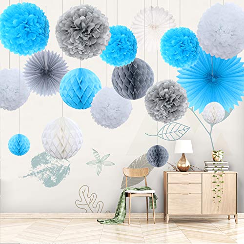 Himeland 17er Seidenpapier Blumen PomPoms Set, Wabenbälle Lampions Laternen Fächer Girlande Dekoration, für Hochzeit Party Baby Duschen Geburtstag Bankett Zimmer -Blau Grau Weiß von Himeland