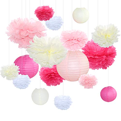 Himeland 17er Set Seidenpapier Pompoms, Papier Lampions Girlande Dekoration Deko für Geburtstage Partys Hochzeiten Baby-Duschen Feste (Rosa Weiß beige) von Himeland