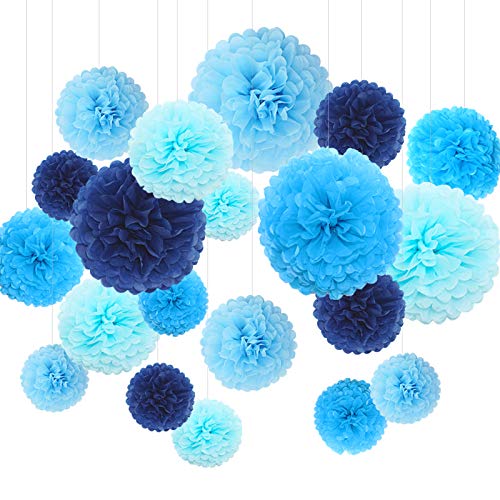Himeland 20x Seidenpapier Pompons Set,Tissue Hängedekoration (in Royalblau Blau HeBabyblau Hellblau) für Baby Shower/Hochzeit/Kindergeburtstag/Party von Himeland