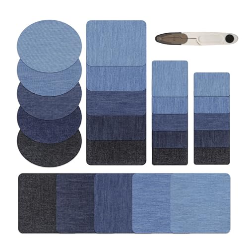 Hinapan 25 Stück Aufnäher für Jeans, Denim-Flicken für Innenjeans, Jeans-Flicken zum Aufbügeln, Jeans-Flicken für Kleidung, zum Aufbügeln Oder Aufnähen, mit 1 Kleine Schere, 5 Farben von Hinapan