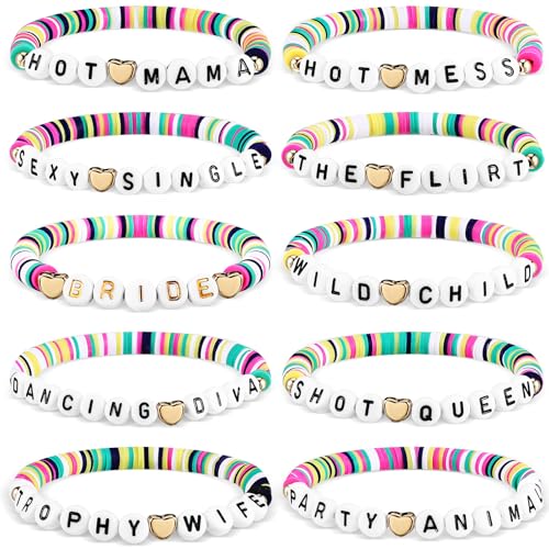 Hinly 10 Stück Bachelorette-Party-Zubehör, Team-Braut, Polymer-Ton, Buchstaben-Perlen, Armbänder für Junggesellinnenabschied, Zubehör, Verlobung, Hochzeit (mehrfarbig) von Hinly