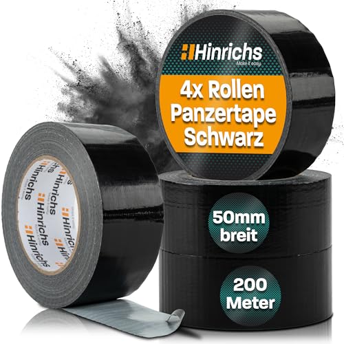 Hinrichs Panzertape schwarz - 4 Rollen 50m x 50mm Gewebeband - extra starkes Klebeband - wasserdichtes Gaffa Tape - breites Gewebeklebeband schwarz - power Duct Tape für Innen und Außen von Hinrichs