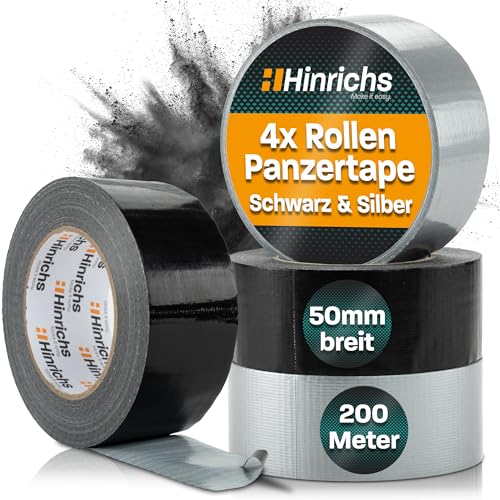 Hinrichs Panzertape silber/schwarz - 4 Rollen 50m x 50mm Gewebeband - extra starkes Klebeband - wasserdichtes Gaffa Tape - breites Gewebeklebeband schwarz/grau - Duct Tape für Innen und Außen von Hinrichs