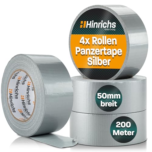 Hinrichs 4 Rollen Panzertape Silber – 50m x 50mm Starkes Gewebeband Silber - Duct Tape - Panzerband Klebeband Silber - Panzertape Wasserfest - Gewebeklebeband Innen und Außen von Hinrichs