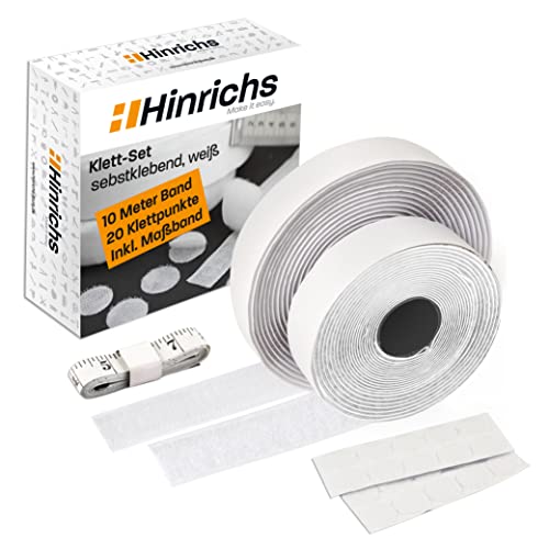 Hinrichs Klettband Set weiß - 1x Klettband Selbstklebend extra stark 10m x 2cm + 20x Klettpunkte selbstklebend Ø 2cm - Klettverschluss Selbstklebend Klebeklett Klettstreifen - Inkl. Maßband von Hinrichs