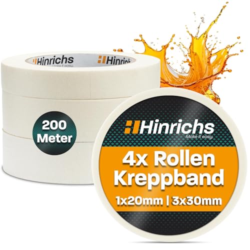 Hinrichs Kreppband 4x - Abklebeband 3 Rollen 50m x 30mm + 1 Rolle 50m x 20mm - Maler Klebeband zum Streichen und Lackieren - Abdeckband für Malerarbeiten - Malerkrepp für Renovierung & Auto Hinrichs Kreppband 4x - Abklebeband 3 Rollen 50m x 30mm + 1 Rolle 50m x 20mm - Maler Klebeband zum Streichen und Lackieren - Abdeckband für Malerarbeiten - Malerkrepp für Renovierung & Auto von Hinrichs