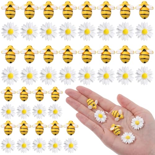 50 Stück Bienenkuchendekorationen süße Mini-Bienen aus Kunstharz mit Blumen Gänseblümchen-Kuchendekorationen für selbstgemachten Kranz Cupcake-Dekoration Kunstharzbienen von Hintyne