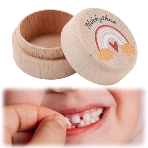 Milchzahndose aus Holz, Zahndose Milchzähne Mädchen Junge, Zahnbox für Milchzähne Regenbogendruck, Milchzahndose Kinder als Erinnerung an die Ersten Zähnchen Zahnfee Geschenke von Hioip