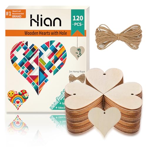 Holzherzen mit Loch, 120 Stück 40mm Rustikale Unbehandelte Holz-Bastelset mit 3m Hanfseil, Ideal für DIY-Kunst, Holzscheiben, Weihnachtsschmuck & Handwerksprojekte von Hion