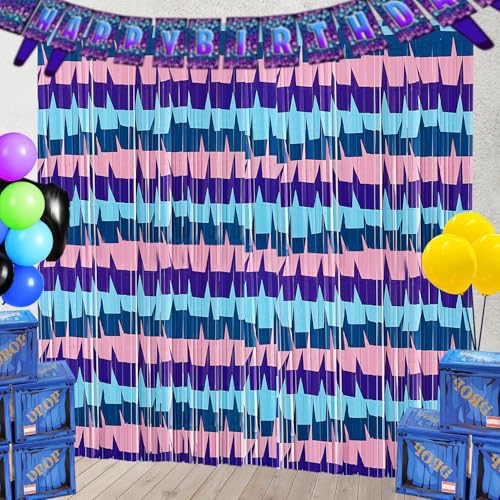 Videospiel-Geburtstagsdekorations-Hintergründe, Lama-Blau und Lila, Lametta-Folie, Fransenvorhänge, Fotokabinen-Requisiten, Luftschlangen für Gamer-Fans, Partyzubehör, Dekoration, 2 Stück von Hipoxa