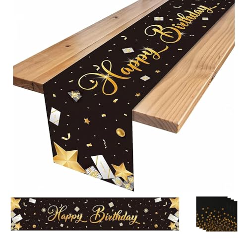 Tischläufer Geburtstag und Servietten Geburtstag - 180 x 35cm Schwarz Gold Happy Birthday Tischläufer mit 20 Stück Servietten, zur Geburtstag Dekoration für Kinder, Mädchen, Jungen - Party Deko Tischläufer Geburtstag und Servietten Geburtstag - 180 x 35cm Schwarz Gold Happy Birthday Tischläufer mit 20 Stück Servietten, zur Geburtstag Dekoration für Kinder, Mädchen, Jungen - Party Deko von Hiqiku