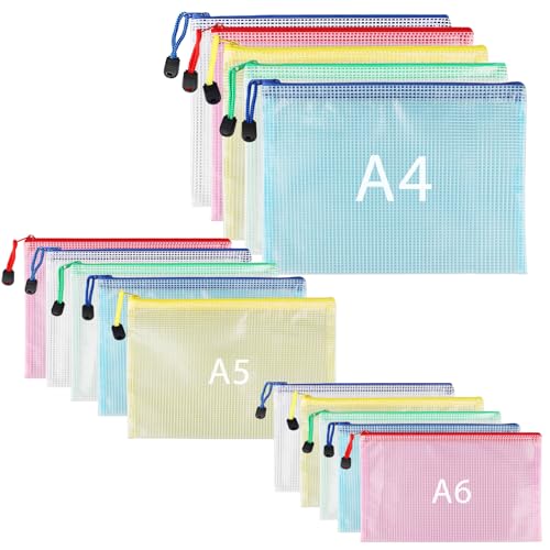 Dokumententasche Set A4+A5+A6, 15 Stück (Je 5) Zip Taschen mit Reißverschluss, Wasserdichte Mesh Kunststoff Datei Zipper Taschen für Dokumente, Papier, Kosmetika, für Schule, Büro und Hausaufgaben von Hisdricus