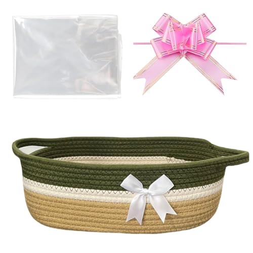 Hiseng Geschenkkorb Leer, Große Geflochten Korb für Geschenke, Aufbewahrungskorb mit Griffen, Weihnachten Geschenkkorb, Baby-Geschenkkorb, mit Geschenkpapier und Geschenkschleife (Grün) von Hiseng