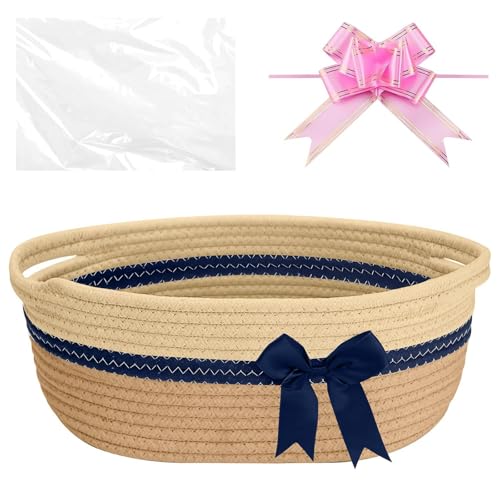 Hiseng Geschenkkorb Leer, Große Geflochten Korb für Geschenke, Aufbewahrungskorb mit Griffen, Weihnachten Geschenkkorb, Baby-Geschenkkorb, mit Geschenkpapier und Geschenkschleife (Khaki) von Hiseng