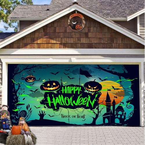 Hiseng Halloween Garagentor Banner, Halloween Deko Outdoor Große Halloween Garage Dekorationen, Gruselige Halloween Banner Dekorationen Bunt für Halloween Party Dekorationen (Grün,180x400cm) von Hiseng
