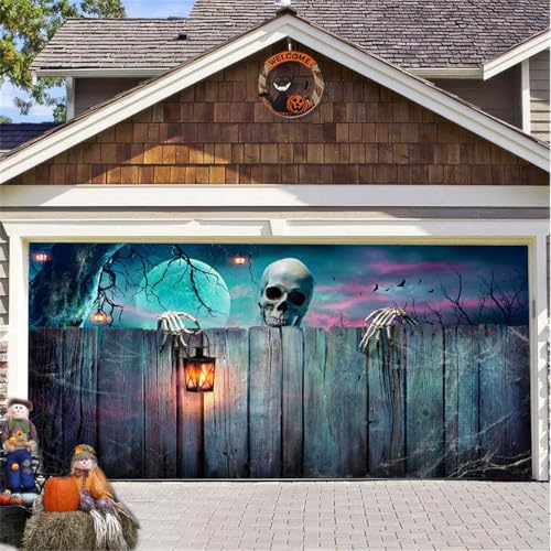 Hiseng Halloween Garagentor Banner, Große Outdoor Deko für Garage, Gruselige Bunt Party Dekorationen (Planke, 180x400cm) von Hiseng
