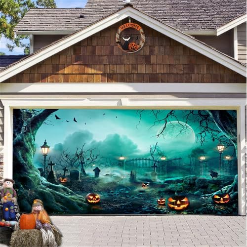 Hiseng Halloween Garagentor Banner, Große Outdoor Deko für Garage, Gruselige Bunte Party Dekorationen (Wald, 230x480cm) von Hiseng