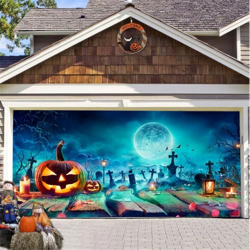 Hiseng Halloween Garagentor Banner, Halloween Deko Outdoor Große Halloween Garage Dekorationen, Gruselige Halloween Banner Dekorationen Bunt für Kürbis Halloween Party (100x200cm,Halloween Nacht) von Hiseng